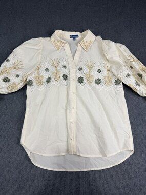 Democracy Womens Embroidered Eyelet Button-Down Top Size L Cream